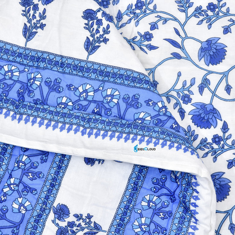 Woodsy Jaipuri Razai Rajasthani Traditional Blue Floral Print Reversible Single Bed Soft Light Weight Pure Cotton Winter and Summer Rajai Ac Quilt Razai/Rajai/Quilt/Blanket/Dohar/Comforter Twin Size