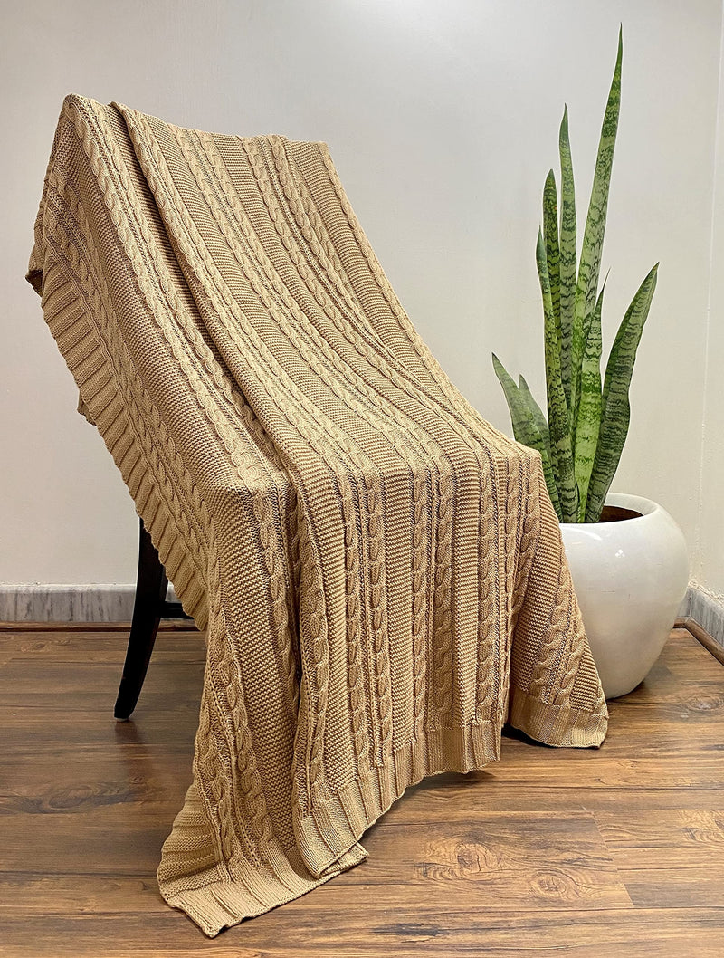 Ketan TEX FAB | Soft 100% Pure Cotton Knitted Throw Blanket for Sofa/Bed/Couch | Cable Design | Sand Colour, 50x60 inches