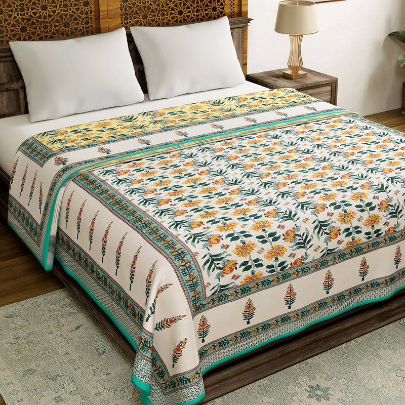 BLOCKS OF INDIA 100% Cotton Dohar King Size Reversible Hand Block Printed Malmal Summer Dohar (Green Yellow Flower),300 TC