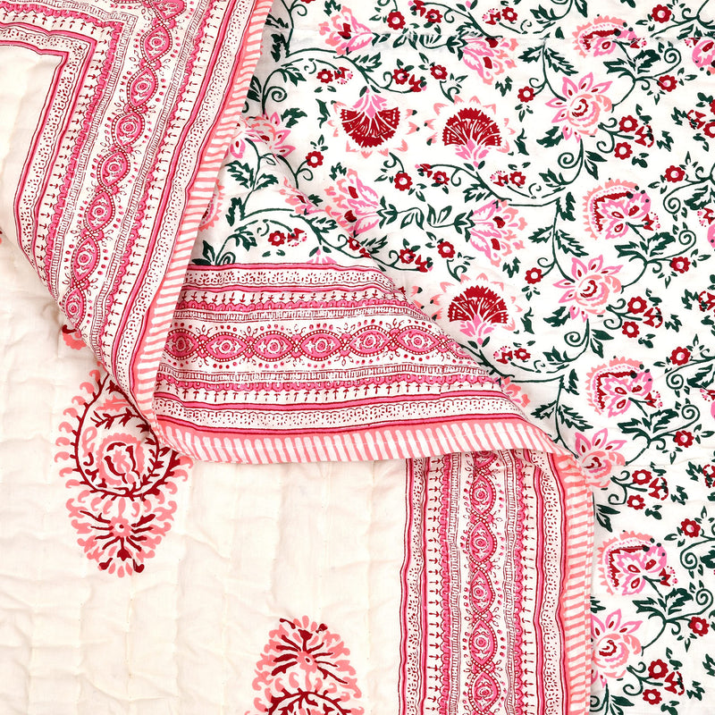 BLOCKS OF INDIA Hand Block Printed Cotton King Size Quilt/Rajai (90 Inch X 108 Inch) (Pink Jaal) (Reversible, Breathable),300 TC