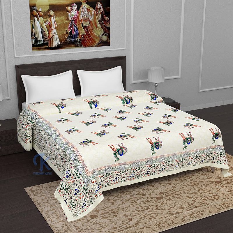 THROW KING Rajasthani Quilt for Double Bed 100% Pure Cotton | Camel Printed | Skin Friendly & Breathable Soft Cozy Double Blanket | 1 Double Bedsheet, with 2 Pillow Covers |