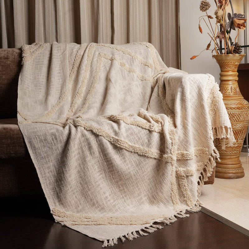 HOMEMONDE Throw Blanket with Soft Fringe 50x70 Inch - Cotton, White