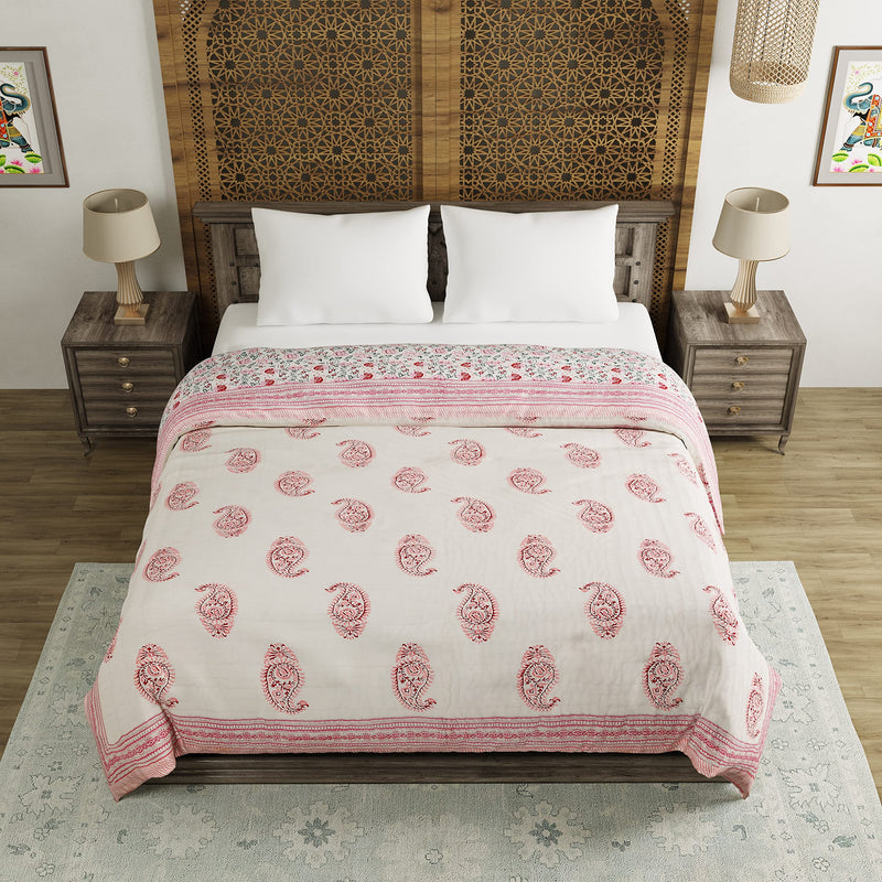 BLOCKS OF INDIA Hand Block Printed Cotton King Size Quilt/Rajai (90 Inch X 108 Inch) (Pink Jaal) (Reversible, Breathable),300 TC