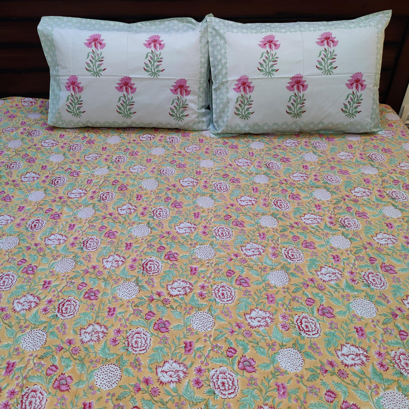 House of Harman I 350 TC 100% Pure Organic Cotton Bedsheet with 2 Matching Pillow Covers I Hand Block Printed I Natural Vegetable Dyes (Amber Bloom Haven Bedsheet) (Super King- 108 * 108 inches)