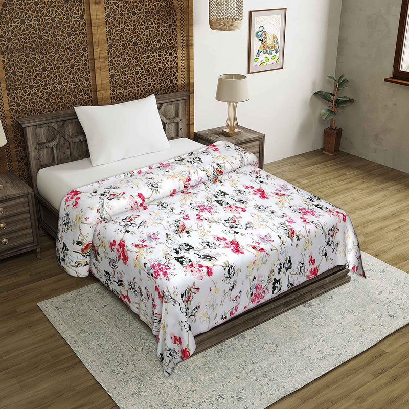 RajasthaniKart Pure 100% Cotton Malmal Reversible Dohar Single Bed Size Jaipuri Printed Artisan Block Design Bed Blanket Soft Lightweight AC Dohar, Summer Blanket (Single) (Pink Bird)