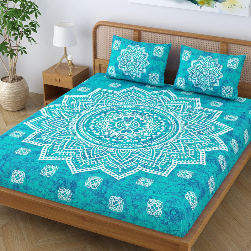 SheetKart Cotton Blend Traditional Mandala Jaipuri Printed Bedsheet for Double Bed King Size with 2 Pillow Covers - Sea Green