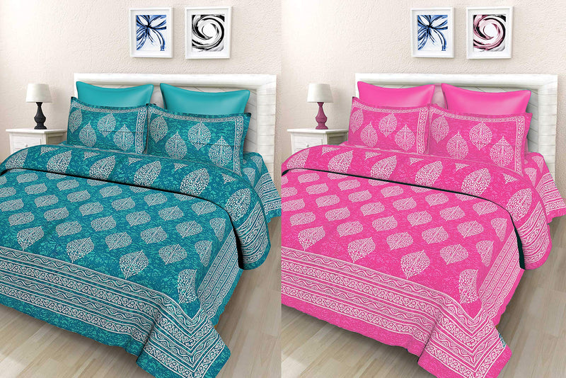 SheetKart Floral 144 TC Cotton Bedsheet Set, Multi (Double, Combo Pack - Sea Green & Bubblegum Pink)