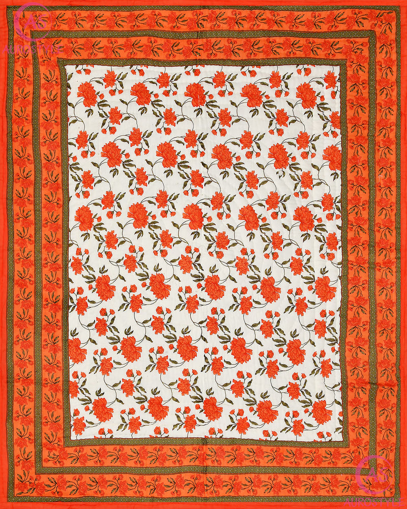 AUROSTYLE 400 TC Pure Cotton Double Bed Soft Jaipuri AC Quilt/Razai/Rajai Floral Print,Jaipuri razai Double Bed for Winter Printed,(White & Orange, 85 x 100 inch, Double Bed)