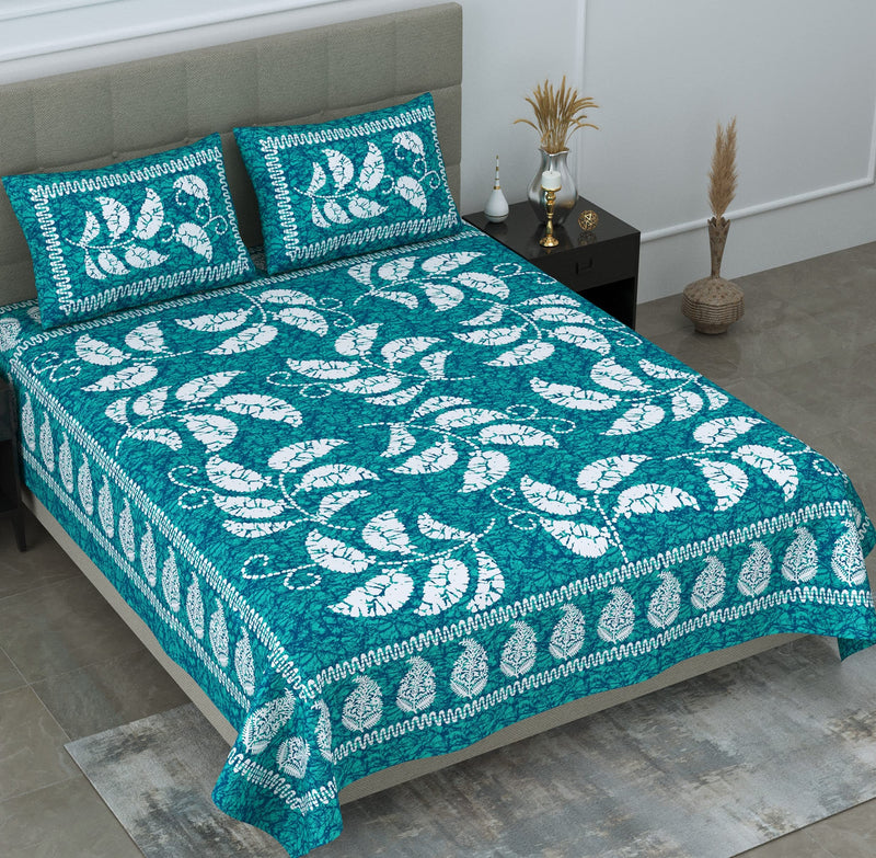 SheetKart 144 TC Cotton Jaipuri Floral Printed Double Bedsheet with 2 Pillow Covers, Sea Green