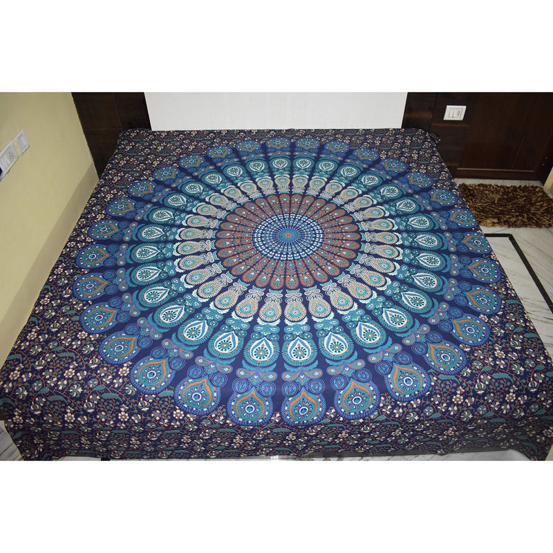 Raj Handicrafts Twin Mandala Cotton Tapestries Throw Blanket (Blue, 84x54 Inches)