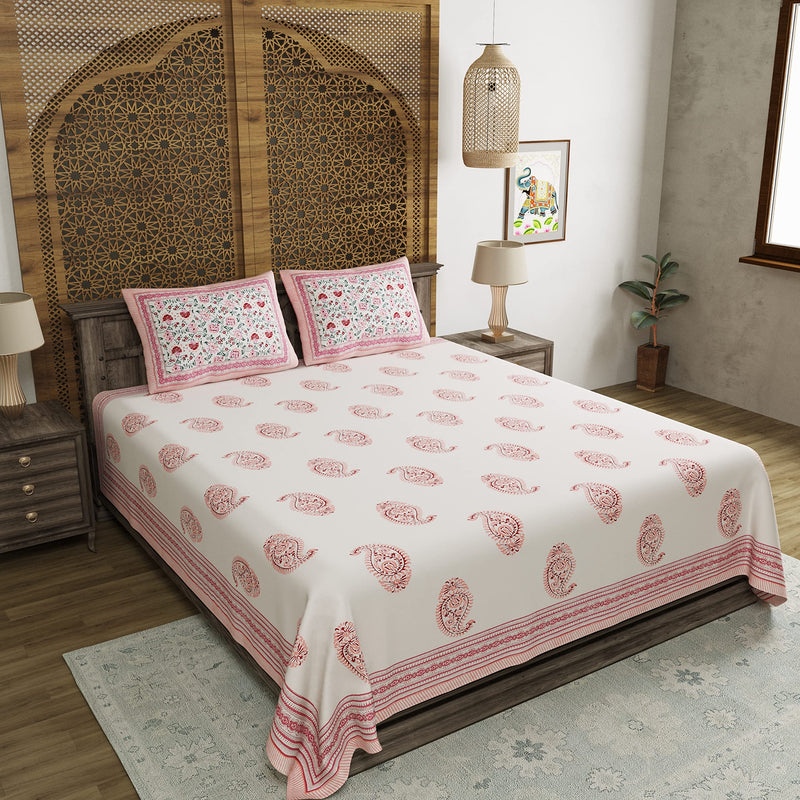 BLOCKS OF INDIA Hand Block Printed 200 TC Cotton King Size Bedsheet (Pink Paisley)