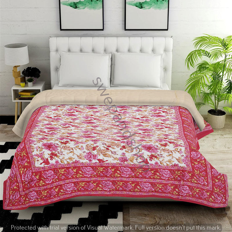 FABDESIGN QUILTS 300 TC Single Bed Pink Jaipuri Razai Organic Pure Cotton Jaipuri rajai Ac Quilt for Winter Soft Light Weight Rajasthani Traditional Cotton Razai (55 x 85 inch)