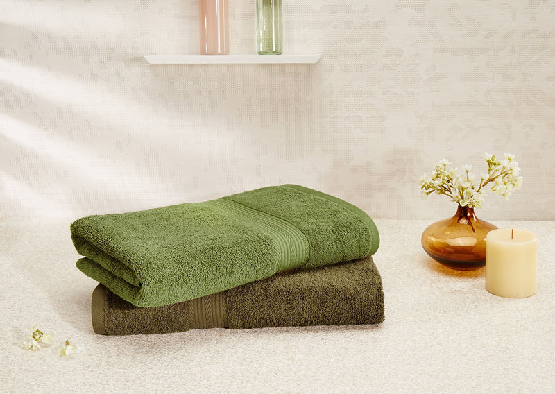 Amazon Brand - Solimo 100% Cotton 2 Piece Bath Towel Set, 500 GSM (Sepia Brown and Olive Green)