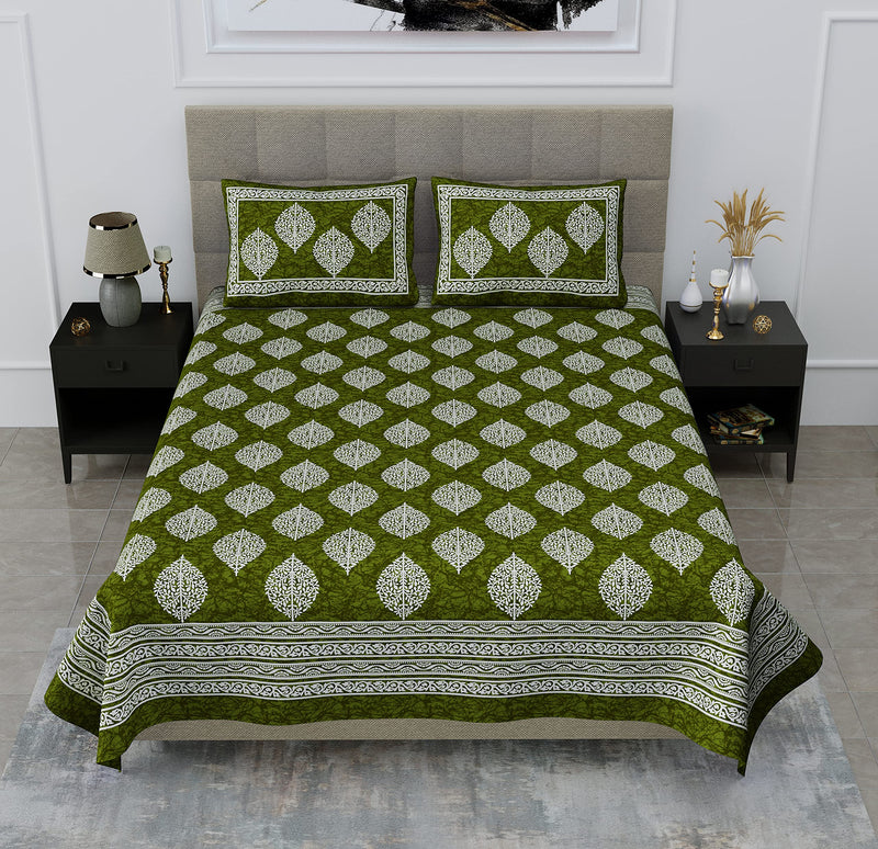 SheetKart Floral 144 TC Cotton Double Bedsheet with 2 Pillow Covers - Shamrock Green