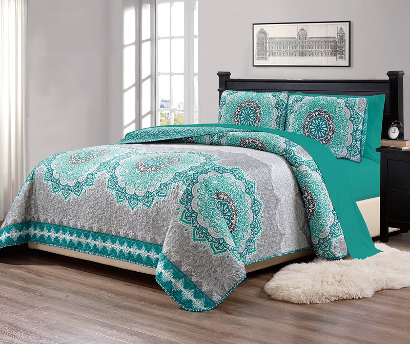 Fancy Collection 7 Pc Queen Over Size Quilted Bedspread with Matching Sheet Set Aqua Turquoise Coastal Plain/Gray Green White Elegant Design