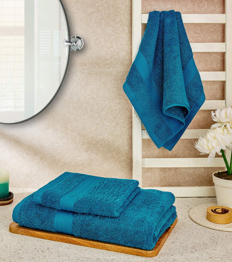 Amazon Brand - Solimo 100% Cotton 3 Piece Towel Set, 500 GSM (Turquoise Blue)