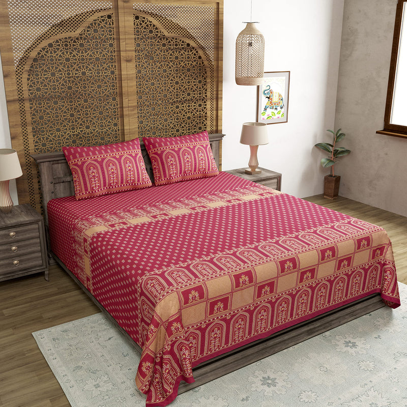 BLOCKS OF INDIA Hand Block Printed 200 TC Cotton Super King Size Bedsheet(106 x 106) (Discharge Pink 1)