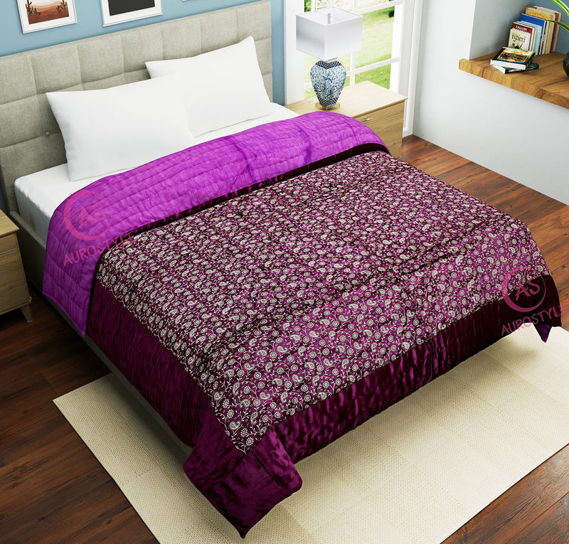 WORLDNEX Cotton Filled Light Weight Silk Jaipuri AC Quilt/Razai Over All Over Printed with Gold Print Jaipuri Quilts/Razai (85x100 Inch,Purple Jaal Print, Double Bed)