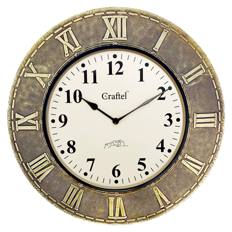 Craftel Brass Metal Roman Dial Wall Clock Antique Round Clock for Bedroom Living Room Home and Office (Gold)