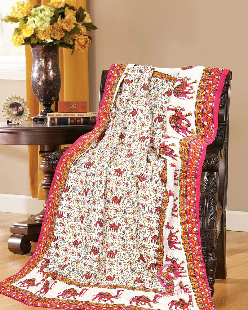 WORLDNEX 400 TC Pure Cotton Traditional Jaipuri Design Printed Light Weight Single Bed Quilt/Razai/Rajai - 85 x 55 Inches (Design 1)