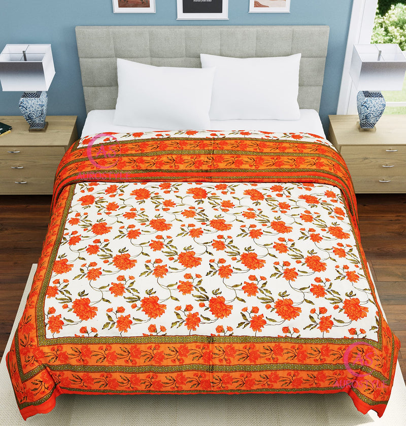 AUROSTYLE 400 TC Pure Cotton Double Bed Soft Jaipuri AC Quilt/Razai/Rajai Floral Print,Jaipuri razai Double Bed for Winter Printed,(White & Orange, 85 x 100 inch, Double Bed)