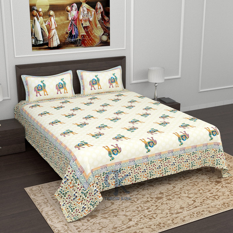 THROW KING Rajasthani Quilt for Double Bed 100% Pure Cotton | Camel Printed | Skin Friendly & Breathable Soft Cozy Double Blanket | 1 Double Bedsheet, with 2 Pillow Covers |