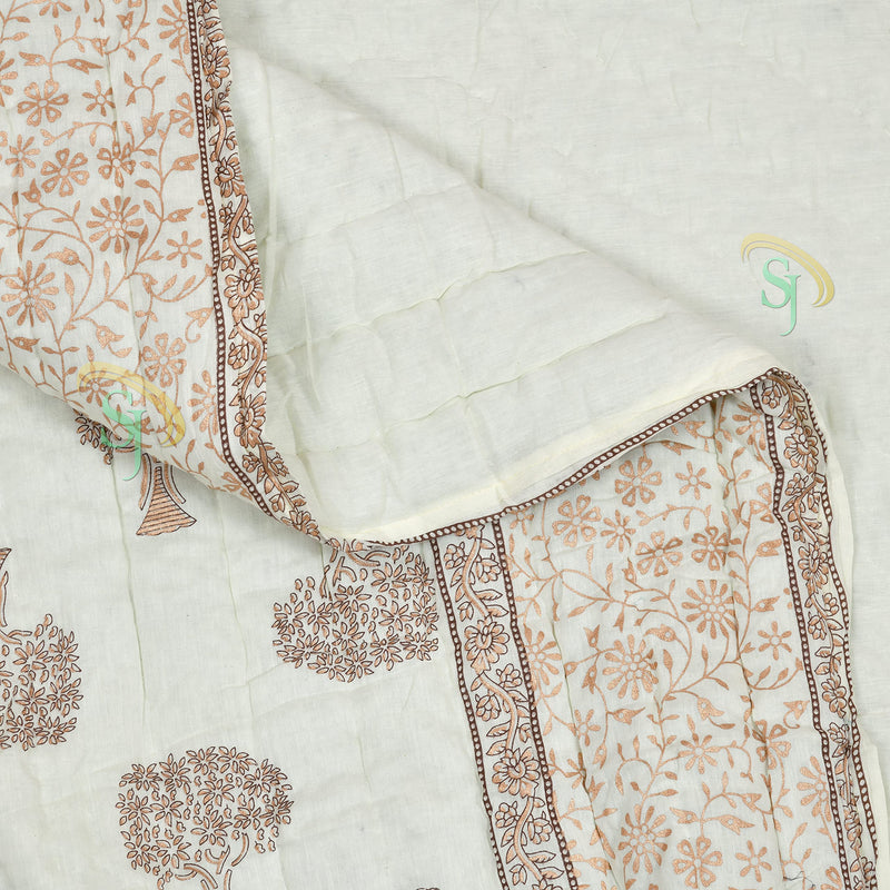 SJ Art & Crafts 410 TC Double Bed Organic Cotton Jaipuri Razai Bed Blanket Ac Quilt Soft Rajasthani Traditional Rajai Cotton Comforter 86 x 105 Cream Mango Tree