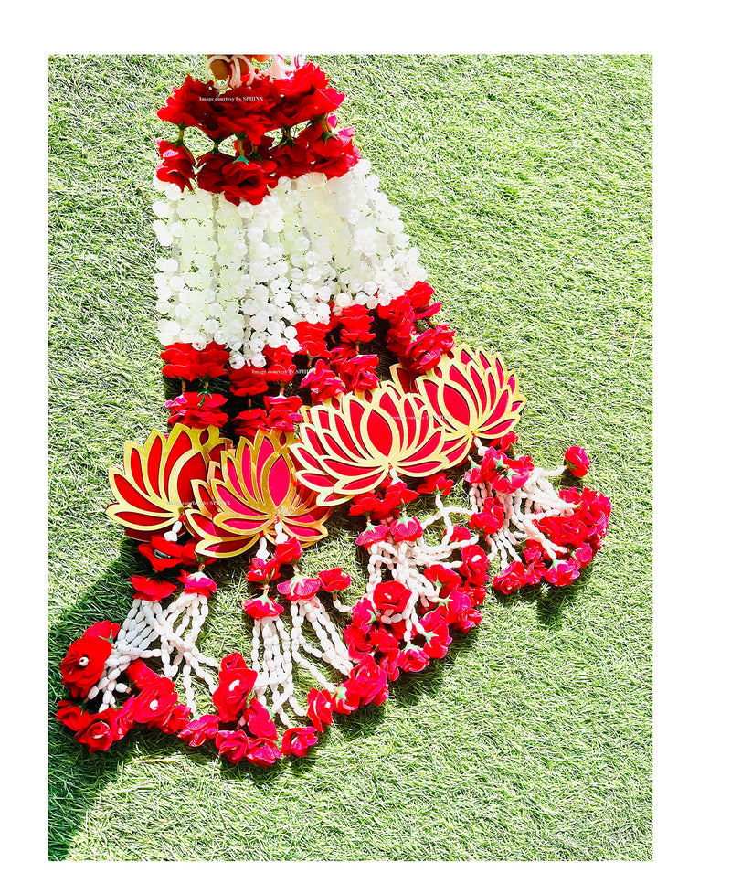 SPHINX MDF Lotus Cut Outs, Lotus hangings with Artificial Jasmine (mogra) and red Roses Garlands Decorative Latkans,Easy Simple Backdrop Hangings for Decorations- (10 Pieces)