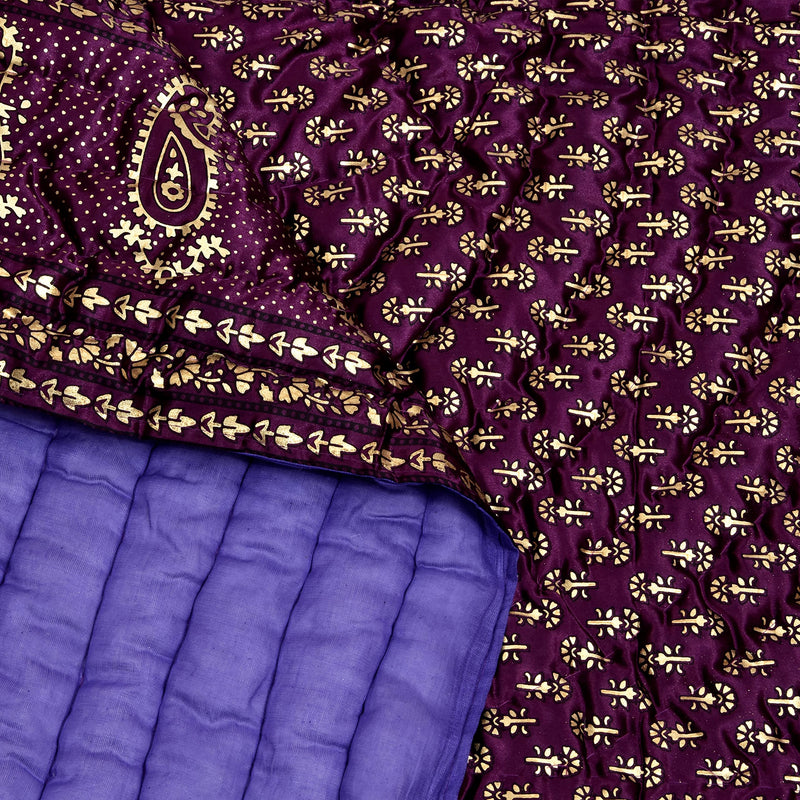 AUROSTYLE 400 TC Silk Fabric Jaipuri Razai Rajasthani Traditional Filling Pure Cotton Light Weight Winter and Summer Rajai Jaipuri Quilt Throw Blanket (Purple, Double Bed - 85 inch x 100 inch)