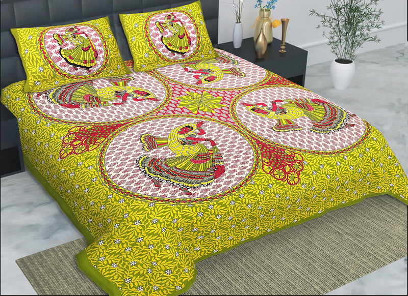 HZAR ART Queen Size Premium 100% Cotton Bedsheet for Double Bed with 2 Pillow Covers | 240 TC Flat Sheet | Jaipuri Print Double BedSheet Cotton(Buti Print,90 X 100 Inches) SSBS115