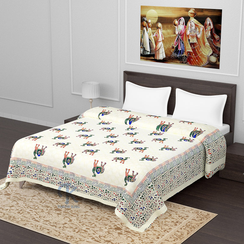 THROW KING Rajasthani Quilt for Double Bed 100% Pure Cotton | Camel Printed | Skin Friendly & Breathable Soft Cozy Double Blanket | 1 Double Bedsheet, with 2 Pillow Covers |