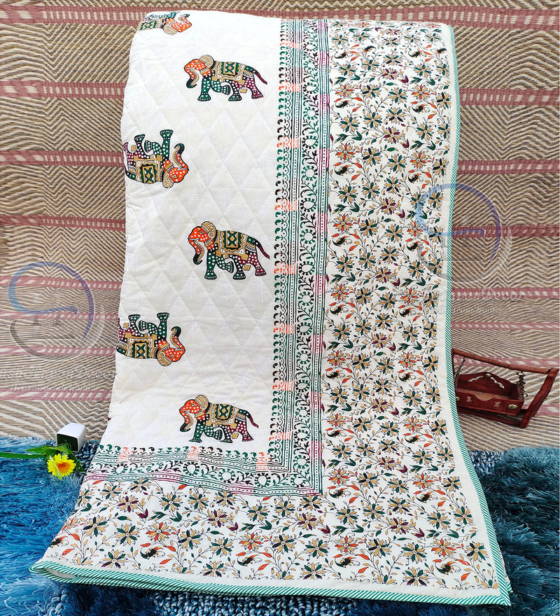 HASHIREX Sleep in Style with Our Computerized Quilted Lightweight Traditional Elephant Print Double Bed Jaipuri Razai Pure Cotton Filled Quilt Comforter Blanket 85 X 100 Inch