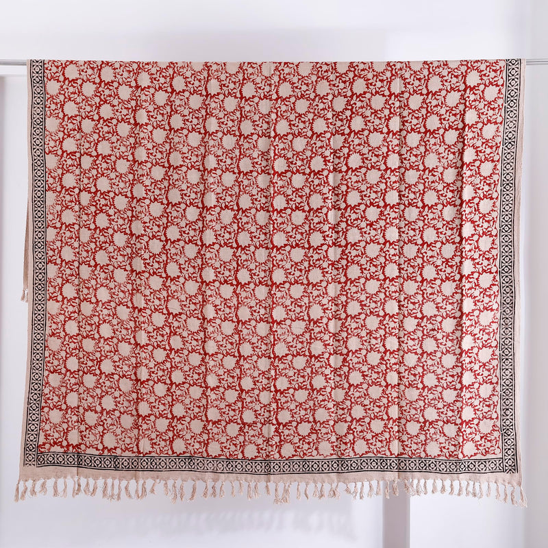 Ravaiyaa - Attitude is everything Floral Printed Handloom Cotton Couch Throw/Sofa Cover/Comforter/AC Blanket with Classic Woven Design and Hand-Knotted Fringes (90"x60" inch) (Red Beige Floral)