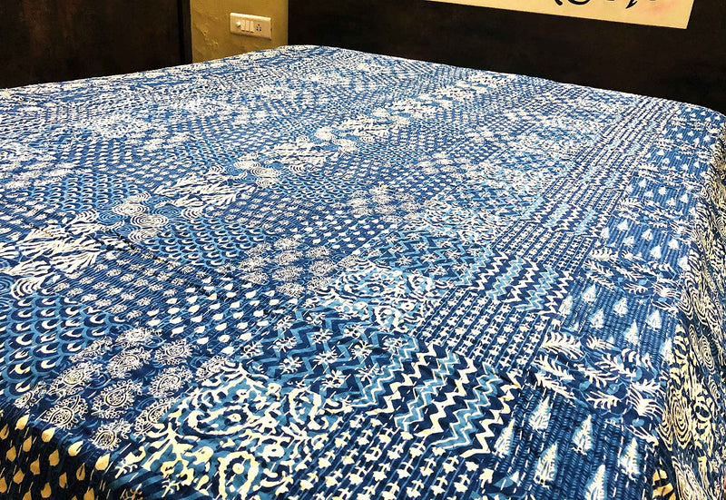 Handcrafted Quilt Dohar 100% Pure Cotton Kantha Work for Home Decor Double Bed (90" x108'' Inch) Indigo Print Blanket Pack of 1