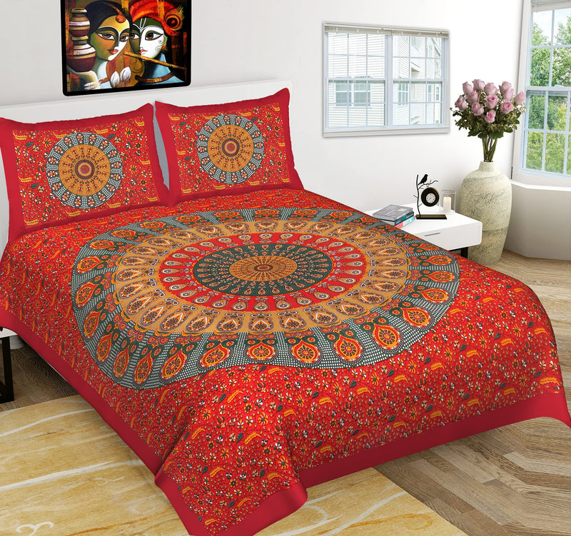 Doraya King Size Double Bed Sheet with Pillow Covers Pure Cotton Traditional Jaipuri Printed Bedcover