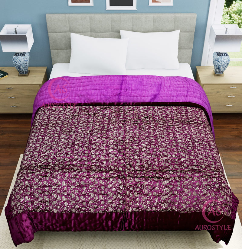 WORLDNEX Cotton Filled Light Weight Silk Jaipuri AC Quilt/Razai Over All Over Printed with Gold Print Jaipuri Quilts/Razai (85x100 Inch,Purple Jaal Print, Double Bed)