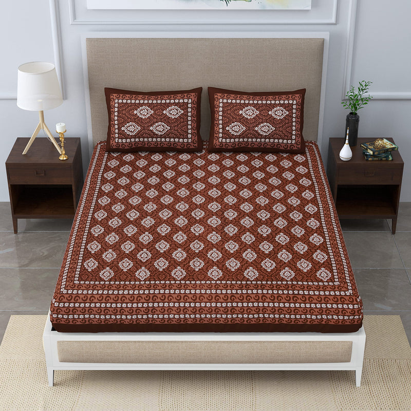 SheetKart Dabu Motif Cotton Double Bedsheet Jaipuri Printed Bed Cover with 2 Pillow Covers - Brown