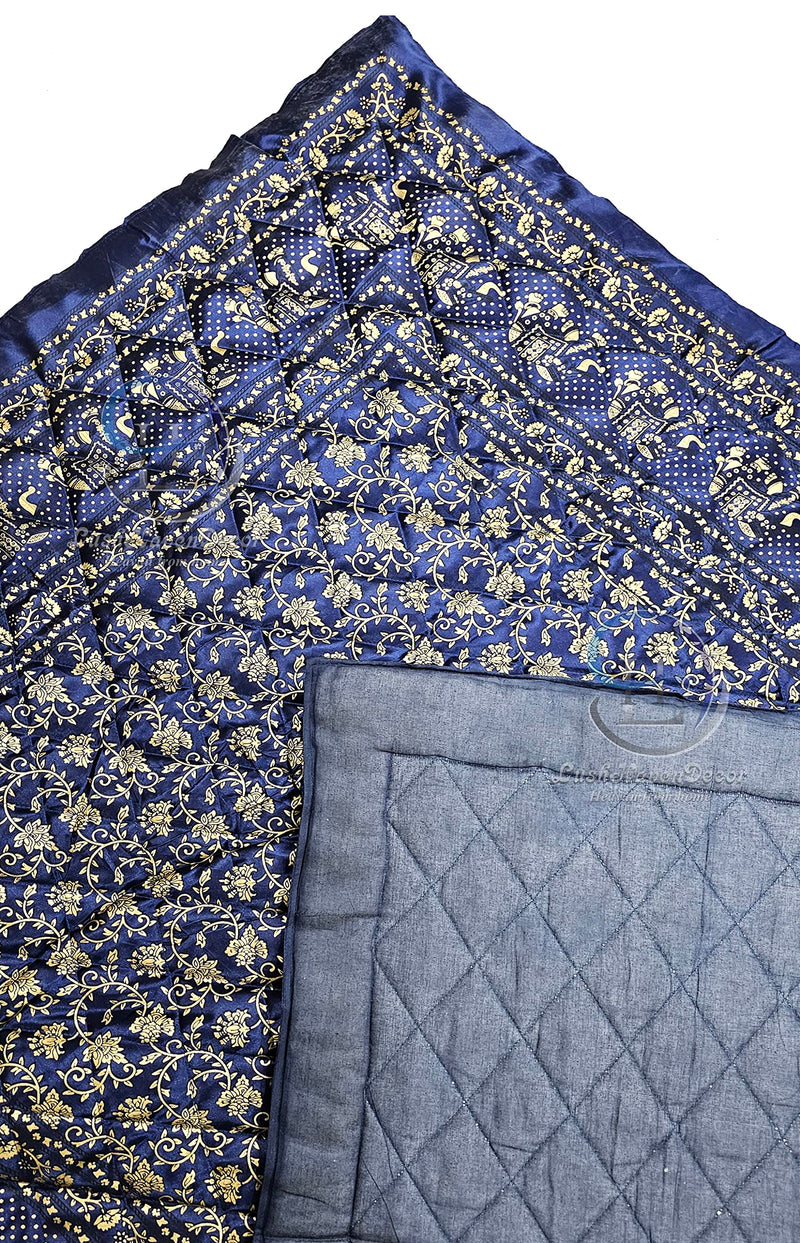 LushHavenDecor Rajasthani Cotton Filled Lightweight Silk Single Bed Jaipuri Razai Soft AC Quilt with Gold Print Blankets for Home (Size 55X85 inch), Blue