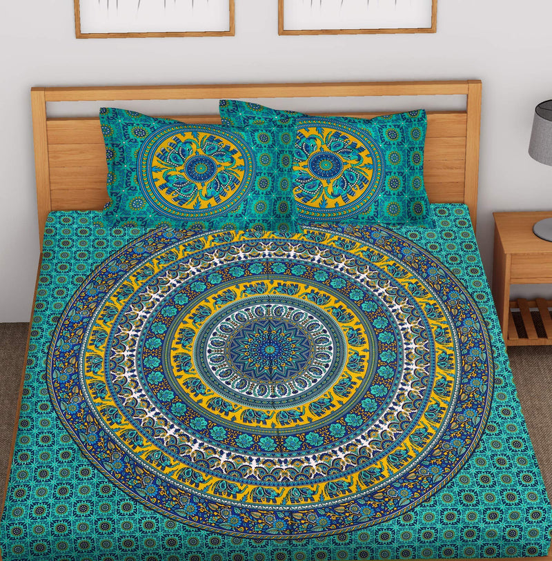 SheetKart Elephant Mandala 144 TC 100% Cotton Double King Size Bedsheet with 2 Pillow Covers, Green, Character (228 CM x 228 CM)