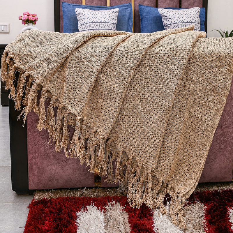 IQ INTERIOR QUOTIENT Serene Beige Throw Blanket for Sofa,Bed and Couch | 3 Seater | Sofa Throw 100% Cotton (150cm x 125cm) 50"x60" | Pack of 1 | Reversible