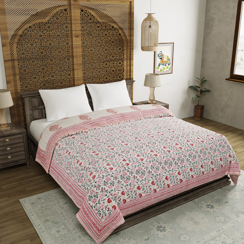 BLOCKS OF INDIA Hand Block Printed Cotton King Size Quilt/Rajai (90 Inch X 108 Inch) (Pink Jaal) (Reversible, Breathable),300 TC