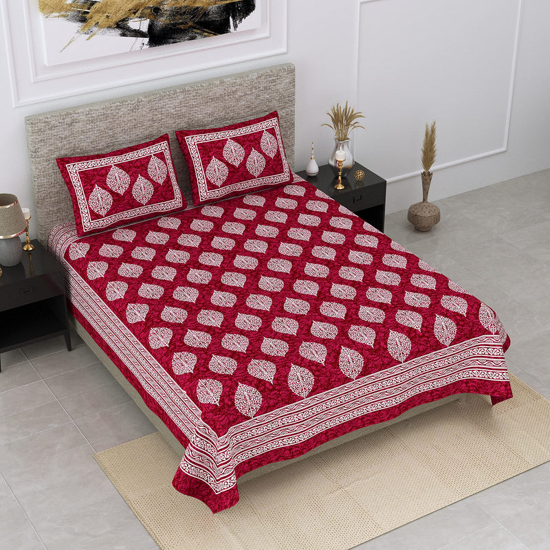 SheetKart Motif Printed 144 TC Cotton Double Bedsheet with 2 Pillow Covers - Burgundy