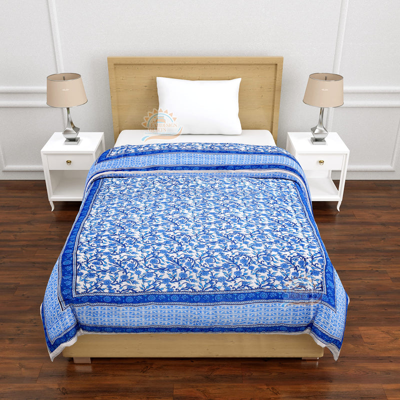 FABDESIGN QUILTS Jaal Block Print Quilt | Single Bed Cotton Traditional Floral Printed Razai | Lightweight Bedding Quilts | Winter Heavy Quilt Blanket(55X85inch) (Blue)