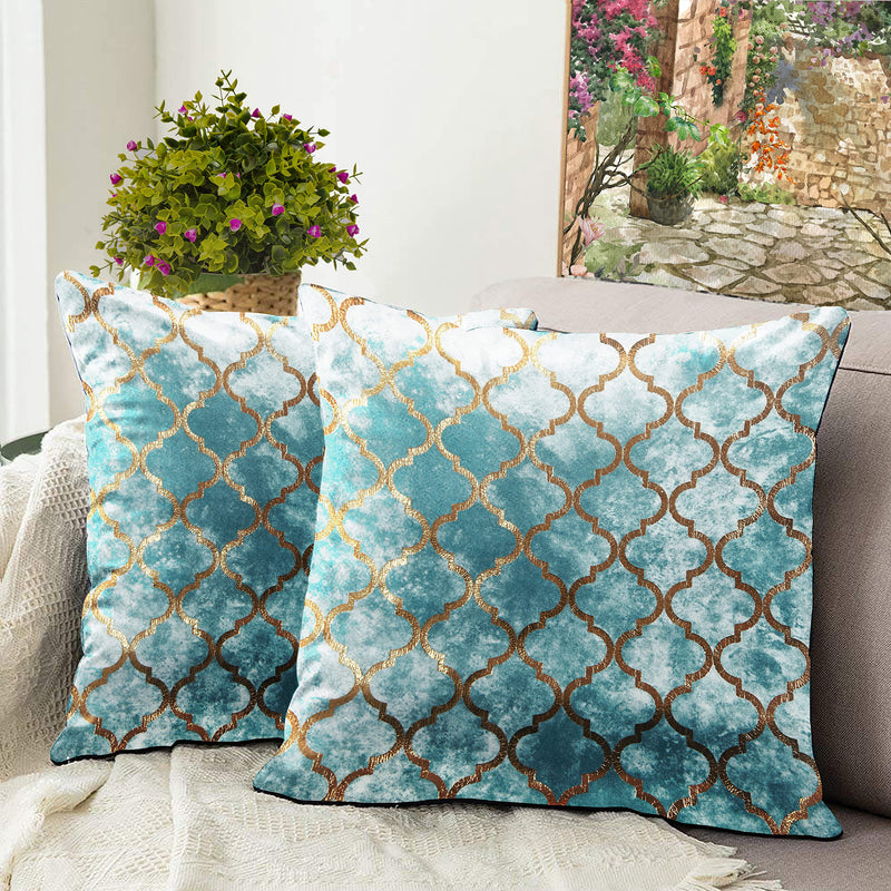 BLUE GRASS Digital Hd Foil Print Velvet Cushion Cover - Set Of 2, 24X24 Inch || Sea Green, 200 TC