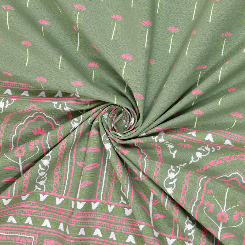 BLOCKS OF INDIA Hand Block Printed 200 TC Cotton Super King Size Bedsheet(106 x 106) (Discharge Green)