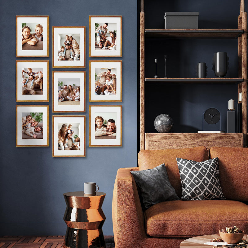 Sheffield Home 9 Piece Gallery Wall Frame Set, 11x14 Inch, Matted to 8x10 Inch, Antique Brass