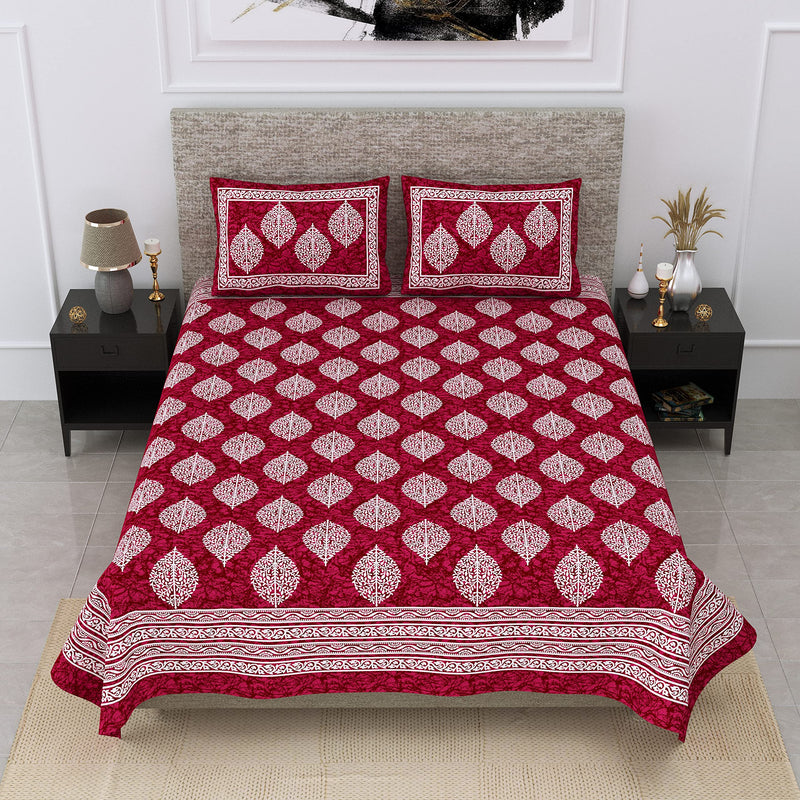 SheetKart Motif Printed 144 TC Cotton Double Bedsheet with 2 Pillow Covers - Burgundy