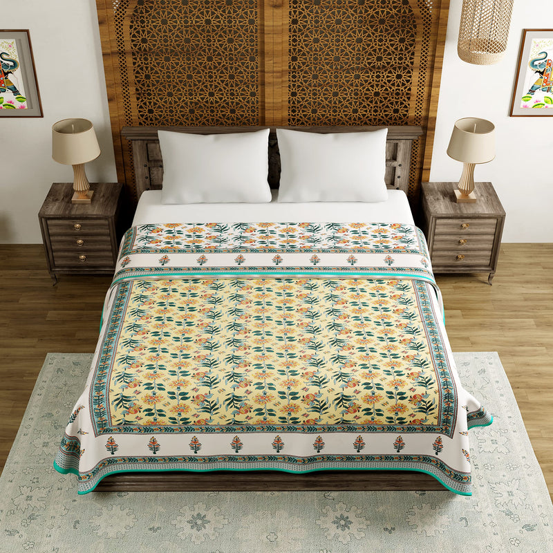 BLOCKS OF INDIA 100% Cotton Dohar King Size Reversible Hand Block Printed Malmal Summer Dohar (Green Yellow Flower),300 TC