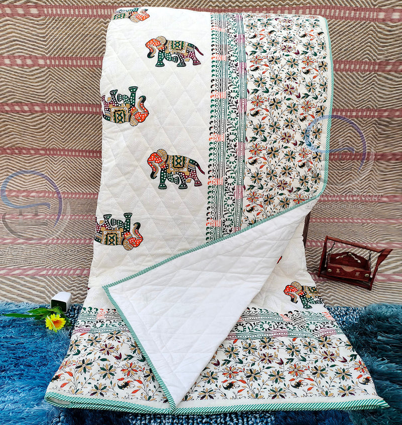 HASHIREX Sleep in Style with Our Computerized Quilted Lightweight Traditional Elephant Print Double Bed Jaipuri Razai Pure Cotton Filled Quilt Comforter Blanket 85 X 100 Inch