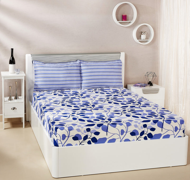 Amazon Brand - Solimo Leafy Spring 144 TC 100% Cotton Double Bedsheet with 2 Pillow Covers, Blue